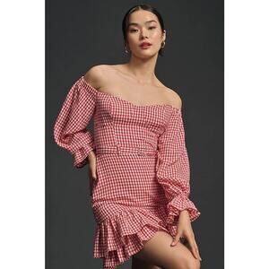 NWT Maeve Anthropologie Off Shoulder Ruffle Plaid Mini Dress Sz 12 red #8E458